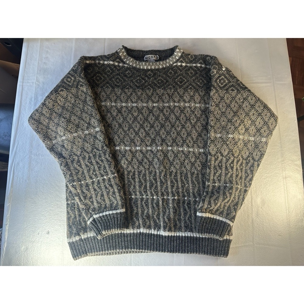 Vintage MEXX Sweater Mens Large Gray Brown‎ Geometric Knit Pullover Grandpa